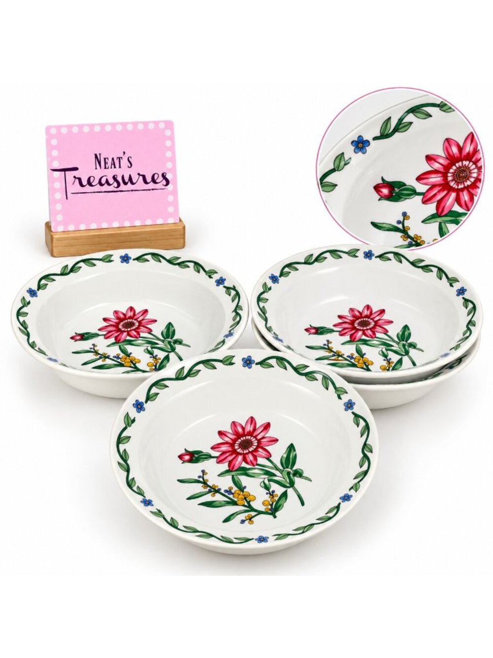 International Tableworks TERRACE BLOSSOMS Floral Stoneware Rim Cereal Bowl Set 4